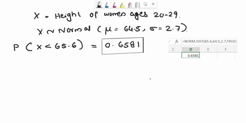question-65-the-height-of-women-ages-20-29-is-normally-distributed-with-a-mean-of-645-inches-assume-27-inches-are-you-more-likely-to-randomly-select-1-woman-with-a-height-less-than-656-inche-52885
