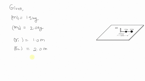 rigid-massless-rod-lies-horizontal-plane-on-frictionless-table-two-objects-are-attached-to-the-rod-which-has-vertical-axis-of-rotation-a5-chown-assume-all-of-the-mass-eacn-object-ocaten-the-59547
