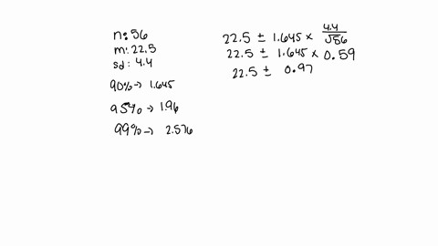 a-simple-random-sample-with-n-56-provided-a-sample-mean-of-225-and-a-sample-standard-deviation-of-44-a-develop-a-90-confidence-interval-for-the-population-mean-to-1-decimal-b-develop-a-95-co-12439
