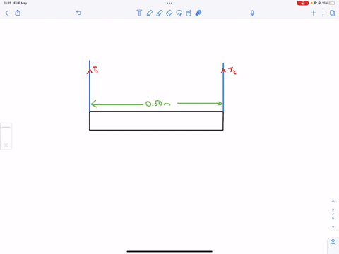 e105-second-condition-of-equilibrium-15-a-solid-rod-of-mass-200-g-and-length-l-050-m-is-suspended-using-two-strings-with-equal-tensions-t1-and-tz-as-shown-below-how-far-from-the-left-end-of-60706