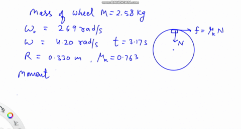 a-stationary-bicycle-is-raised-off-the-ground-and-its-front-wheel-m-258-kg-is-rotating-at-an-angular-velocity-of-269-rads-see-the-figure-the-front-brake-is-then-applied-for-317-s-and-the-whe-16607