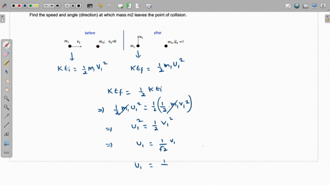 a-mass-m1-moves-along-the-x-axis-with-velocity-of-magnitude-vo-on-a-frictionless-table-it-strikes-another-mass-m2-which-is-initially-at-rest-the-mass-m1-goes-off-along-the-y-axis_-half-of-th-52642