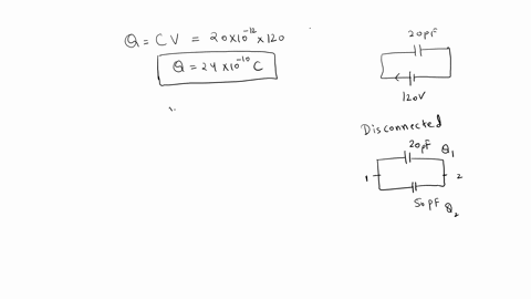 a-20-pf-capacitor-is-charged-to-120-v-and-then-disconnected-from-the-power-supply-if-a-second-uncharged-capacitor-with-capacitance-of-50-pf-is-connected-across-the-first-capacitor-what-would-89162