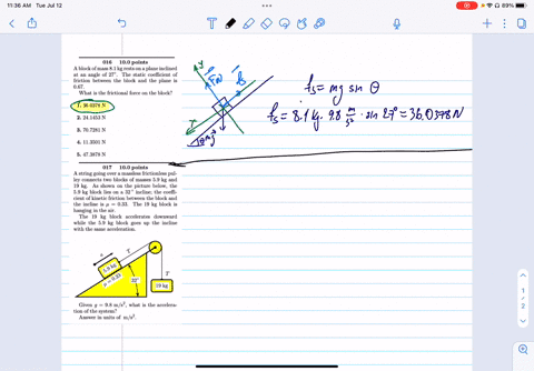 016-100-points-a-block-of-mass-81-kg-rests-on-a-plane-inclined-at-an-angle-of-270-the-static-coefficient-of-friction-between-the-block-and-the-plane-is-067-what-is-the-frictional-force-on-th-08156