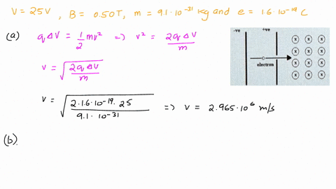 an-electron-accelerates-from-rest-through-an-electric-field-and-into-a-magnetic-field-as-shown-in-the-diagram-below-the-plates-have-a-potential-difference-of-25-v-and-the-magnetic-field-has-13077