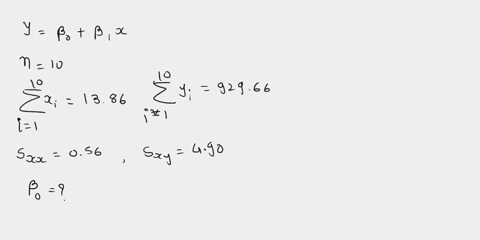 the-following-information-has-been-provided-for-simple-linear-regression-model-y-bo-b1x-information-provided-n-10-10-10-xi-i1-1386-yi-92966-i1-sxx-056-sxy-490-determine-bo-74713