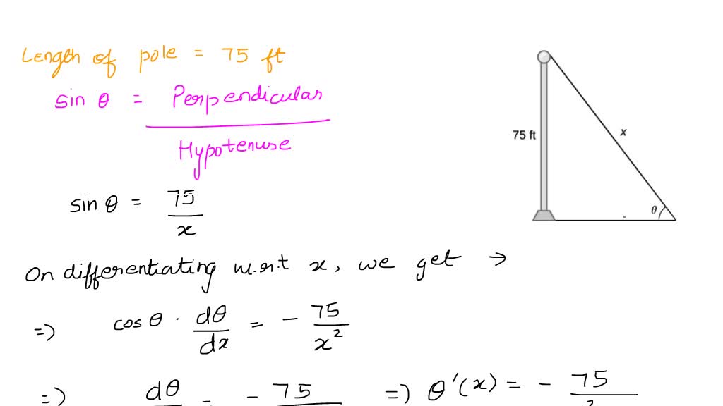 SOLVED: Text: 75 ft A pole stands 75 feet tall. An angle Î¸ is formed ...