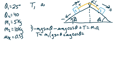 11-mass-is-5-kg-mass-2-is-10-kg-the-coefficient-of-kinetic-friction-between-each-block-and-the-slope-is-033_-what-is-the-acceleration-of-each-mass-b-what-is-the-tension-in-the-m-string-mz-12-28421