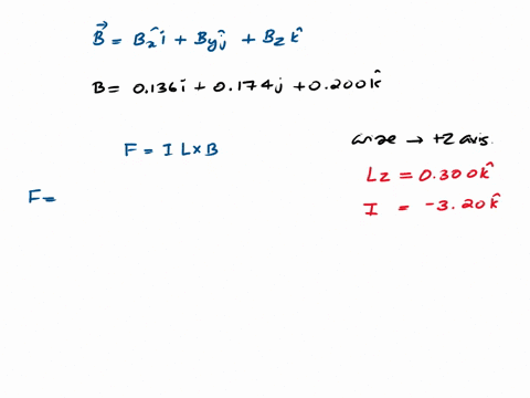 the-magnetic-field-in-a-region-of-space-is-specified-by-its-x-y-and-z-components-which-are-respectively-bx-0136-t-by-0174-t-and-bz-0200-t-if-a-300-cm-wire-carrying-a-current-of-320-a-is-orie-26458