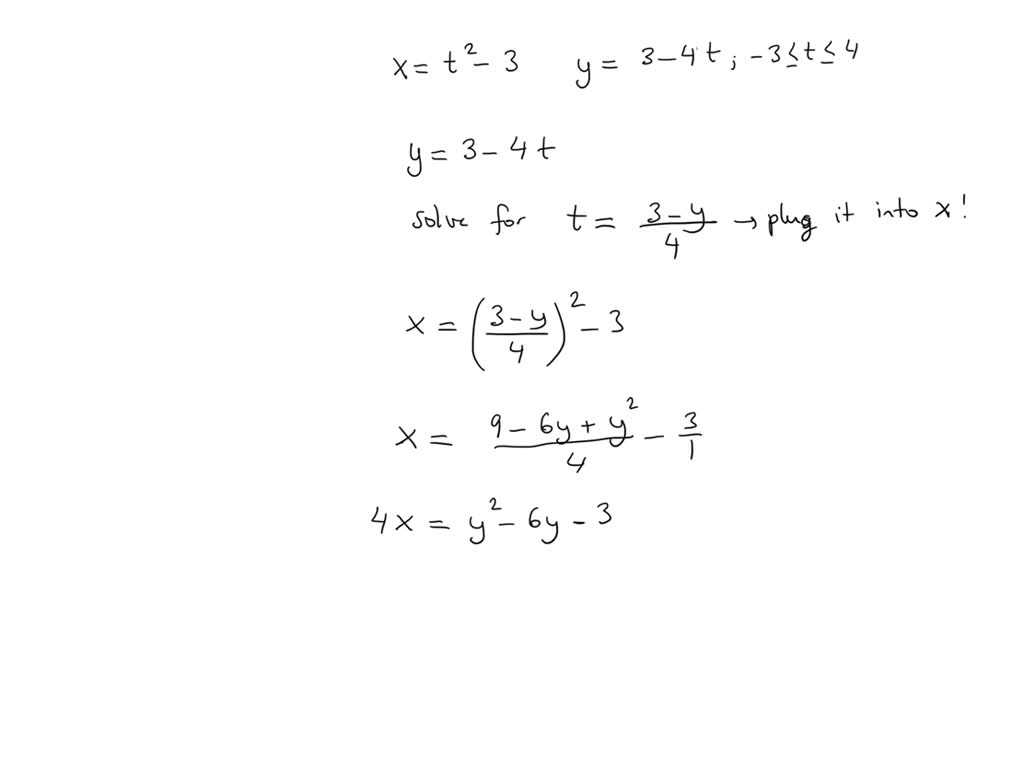 SOLVED: Consider the parametric equations below: x = t^2 - 4, y = 1 ...