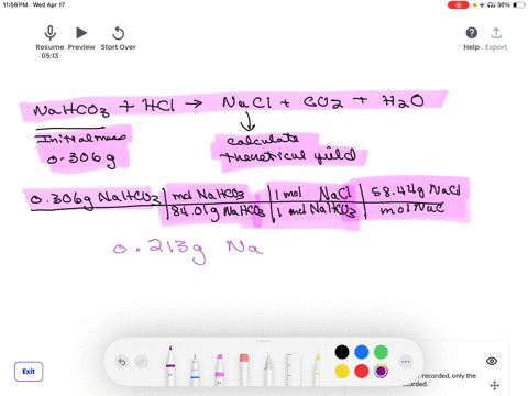 based-on-the-information-in-this-data-a-using-mass-to-mass-stoichiometry-calculate-the-theoretical-yield-of-nacl-for-the-reaction-nahco3-hcl-nacl-co2-h2o-use-the-initial-mass-of-sodium-bicarbonate-rea