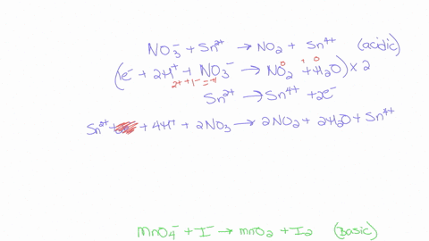 in-acidic-solution-the-nitrate-ion-can-be-used-to-react-with-a-number-of-metal-ions-one-such-reaction-is-no3aqsn2aqno2aqsn4aq-since-this-reaction-takes-place-in-acidic-solution-h2ol-and-haq-31236