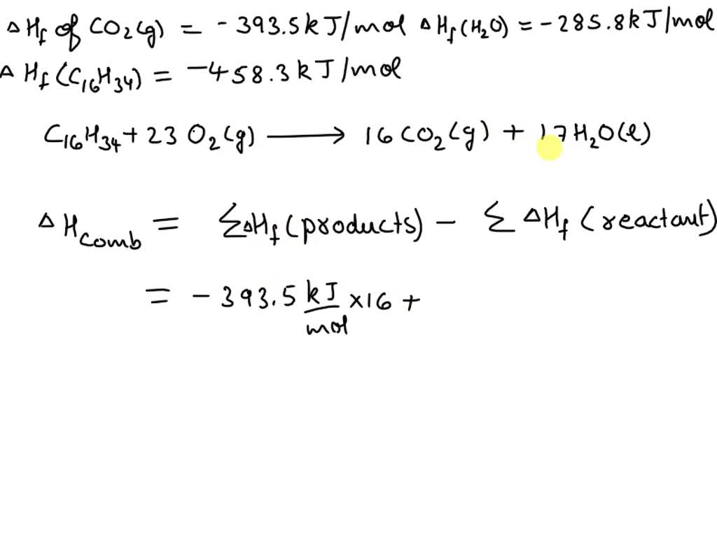 SOLVED: Calculate the enthalpy of combustion (kJ/mol) of cetane (C₁₆H₃₄ ...