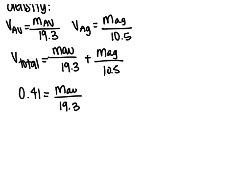 the-density-of-gold-is-193-mathrmg-mathrmcm3-and-the-density-of-silver-is-105-mathrmg-mathrmcm3-a-ring-is-made-by-mixing-gold-and-silver-forming-a-homogeneous-solid-solution-the-ring-has-a-mass-of-70