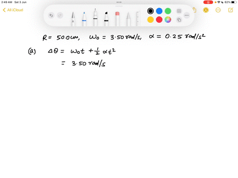 a-wheel-of-radius-500-cm-rotates-with-a-constant-angular-acceleration-of-025-rads2-suppose-that-at-to-0-the-angular-speed-of-the-wheel-is-350-rads-a-whatangle-in-radians-does-the-wheel-rotat-53716