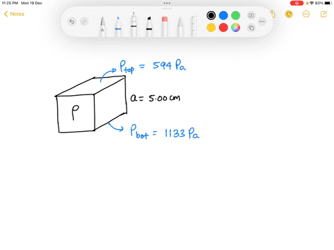 a-cubical-box-500-cm-0n-each-side-is-immersed-in-fluid-the-gauge-pressure-at-the-top-surface-of-the-box-is-594-pa-and-the-gauge-pressure-on-the-bottom-surface-is-1133-pa-what-is-the-density-53061