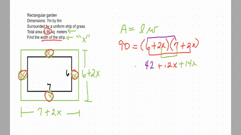 a-rectangular-flower-garden-7m-by-6m-is-surrounded-by-a-grass-strip-of-uniform-width-if-the-total-area-of-the-garden-and-grass-strip-is-90m2-what-is-the-width-of-the-strip-15532