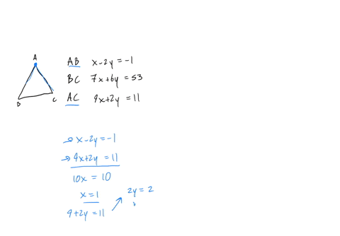 find-the-vertices-of-the-triangle-abc-whose-sides-are-given-by-the-lines-ab-x-2y-1-bc-7x6y53-and-ac-9x2y11-19124