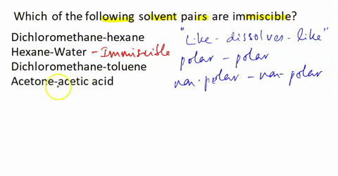 given-the-following-solvents-dichloromethane-hexane-toluene-methanol-acetone-water-and-acetic-acid-which-of-the-following-solvent-pairs-are-immiscible-dichloromethane-hexane-hexane-waler-dic-51763