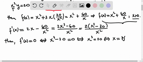 suppose-x-and-y-are-positive-real-numbers-such-that-x2y-20-find-the-value-of-x-that-minimizes-x2-3xy