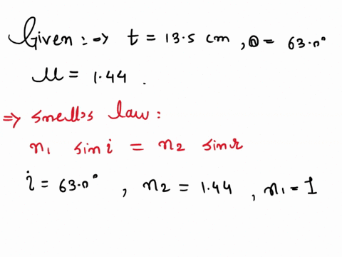 a-laser-beam-enters-a-135-cm-thick-glass-window-at-an-angle-of-630-from-the-normal-the-index-of-refraction-of-the-glass-is-144-at-what-angle-from-the-normal-does-the-beam-travel-through-the-07841