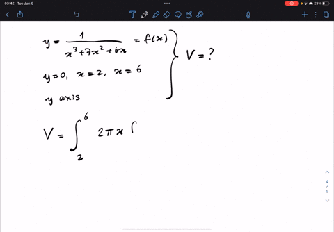 1-find-the-volume-generated-by-rotating-the-area-bounded-by-y-1x3-7x2-6x-x-2-x-6-y-0-about-the-y-axis