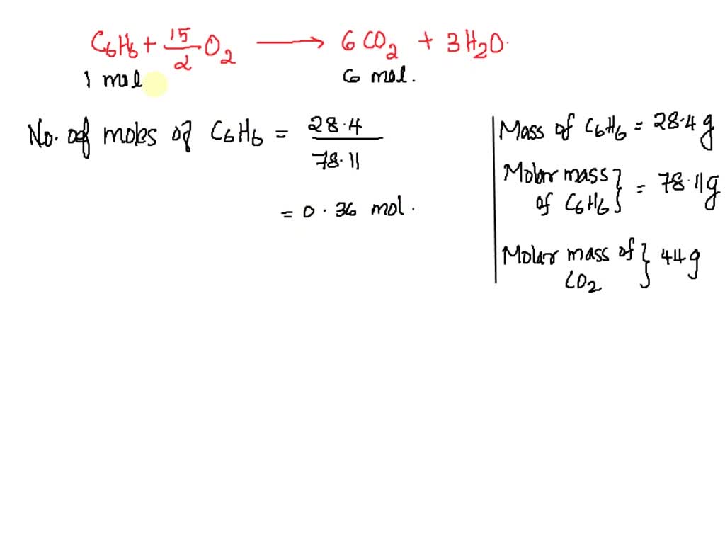 SOLVED: If 28.4 g of benzene (C6H6) are combusted with excess oxygen ...