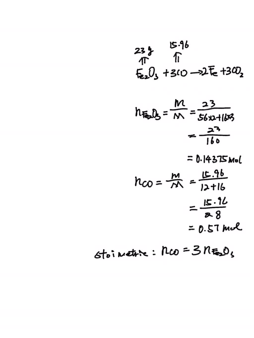 SOLVED Iron(III) oxide reacts with carbon monoxide according to the equation Fe2O3(s)+3CO(g)→