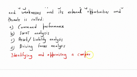 identifying-and-appraising-a-companys-resource-strengths-and-weaknesses-and-its-external-opportunities-and-threats-is-called-select-one-a-command-performance-b-swot-analysis-c-assetliability-26243