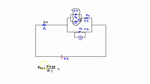 determine-the-reading-of-the-voltmeter-shown-in-the-figure-consider-the-values-of-the-resistors-as-r-1-5-r-2-44-r-3-77-r-4-45-r-5-48-and-that-the-source-provides-a-voltage-v-82v-68162