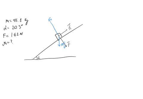 a-block-of-mass-551-kg-rests-on-a-slope-having-an-angle-of-elevation-of-203-if-pushing-downhill-on-the-block-with-a-force-just-exceeding-162-n-and-parallel-to-the-slope-is-sufficient-to-caus-32647