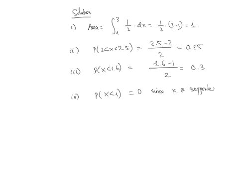 q6-a-continuous-random-variable-mathrmx-has-a-density-function-given-by-fxleftbeginarrayllfrac12-1-leq-x-leq-3-0-text-otherwise-endarrayright-i-show-that-the-area-under-the-curve-is-equal-to-1-ii-find