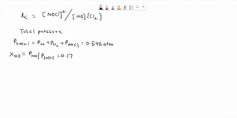 the-equilibrium-2nogcl2g2noclg-is-established-at-500-k-an-equilibrium-mixture-of-the-three-gases-has-partial-pressures-of-970102-atm-0178-atm-and-027-atm-for-no-cl2-and-nocl-respectively-1-i-74173