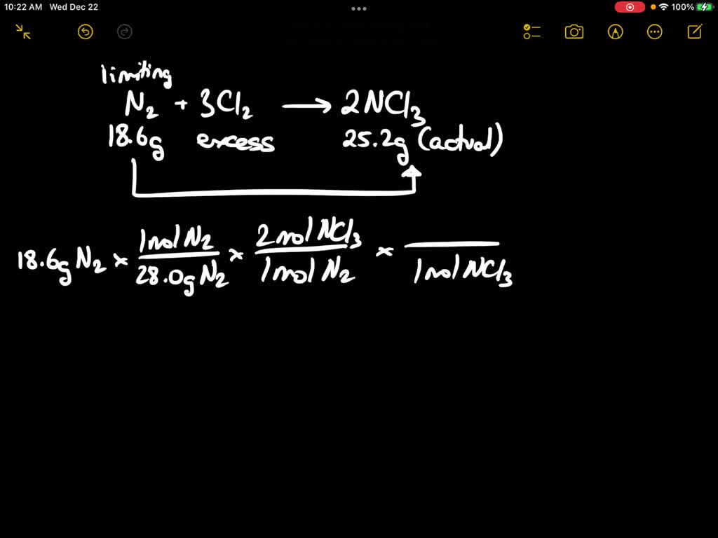 SOLVED: Chlorine gas and nitrogen gas can react to form NCl3: (unbalanced  equation) N2 + Cl2 -> NCl3 You perform this reaction with 18.6 g N2 and  excess Cl2, and 25.2 g