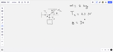 an-object-of-mass-m-20-kg-hangs-in-equilibrium-from-three-strings-as-shown-if-the-tension-in-string-2-is-t2-23-n-what-is-the-tension-in-string-1-t1
