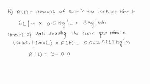 point-a-tank-contains-70-kg-of-salt-and-1000-l-of-water-water-containing-05-of-salt-enters-the-tank-at-the-rate-6-min-the-solution-is-mixed-and-drains-from-the-tank-at-the-rate-2-min-at-is-t-17805