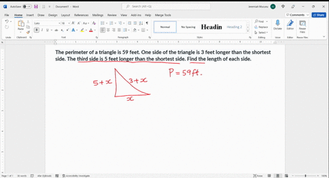 the-perimeter-of-a-triangle-is-59-feet-one-side-of-the-triangle-is-3-feet-longer-than-the-shortest-side-the-third-side-is-5-feet-longer-than-the-shortest-side-find-the-length-of-each-side