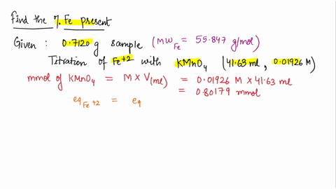 07120-g-specimen-of-iron-ore-was-dissolved-and-passed-through-a-jones-reductor-titration-of-the-feii-produced-required-4163-ml-of-001926-m-kmno4-express-the-results-of-this-analysis-in-terms-06806