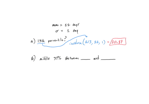 the-mean-incubation-time-of-fertilized-eggs-is-22-days-suppose-the-incubation-times-are-approximately-normally-distributed-with-a-standard-deviation-of-1-day-a-determine-the-13th-percentile-42807