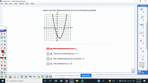 please-help-on-this-one-select-all-of-the-statements-that-are-true-for-the-given-parabola-3-2-the-maximum-is-1-5-the-line-of-symmetry-is-x-1-the-xintercepts-are-0-3-and-0-1-the-minimum-is-1-22634