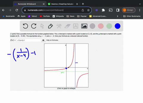1-point-find-possible-formula-for-the-function-graphed-below-the-intercept-is-marked-with-point-located-at-10-and-the-y-intercept-is-marked-with-a-point-located-at-0-025-the-asymptotes-are-y-42967