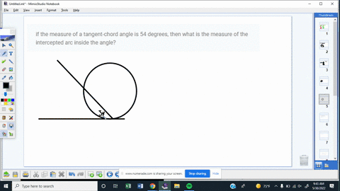if-the-measure-of-a-tangent-chord-angle-is-54-degrees-then-what-is-the-measure-of-the-intercepted-arc-inside-the-angle-93015