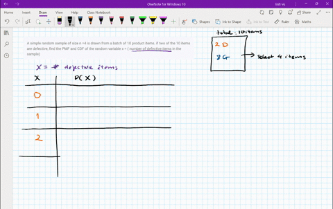 a-simple-random-sample-of-size-n-4-is-drawn-from-a-batch-of-10-product-items-if-two-of-the-10-items-are-defective-find-the-pmf-and-cdf-of-the-random-variable-x-number-of-defective-items-in-t-84215