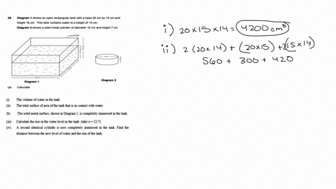 28-diagram-1-shows-an-open-rectangular-tank-with-a-base-20-cm-by-15cm-and-height-18-cm-this-tank-contains-water-to-a-height-of-14-cm-diagram-2-shows-a-solid-metal-cylinder-of-diameter-10-cm-82437