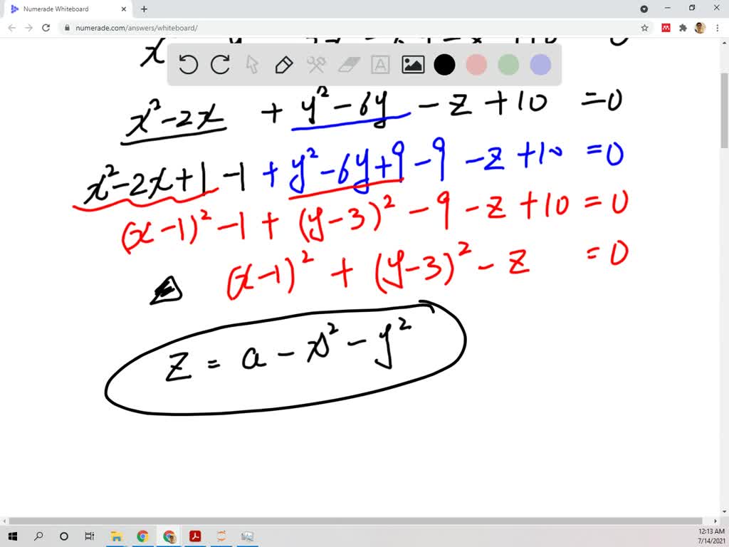 Solved Reduce The Equation To One Of The Standard Forms Classify The Surface And Sketch It X 2 Y 2 2x 6y Z 10 0