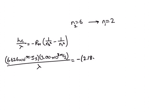calculate-the-wavelength-in-nm-of-a-photon-emitted-by-a-hydrogen-atom-when-its-electron-drops-from-the-n-6-to-the-n-2-energy-level-h-663-x-10-34-j-s-rh-218-x-10-18-j-e-hc-rh-1nf2-1ni2-28145