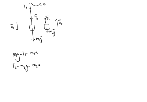 two-masses-m-36kg-and-m2-18kg-hang-from-a-pulley-as-shown-in-the-figure-the-moment-of-inertia-through-the-axis-of-rotation-passing-through-the-center-of-the-pulley-is-4kg-m-the-ropes-holding-57854