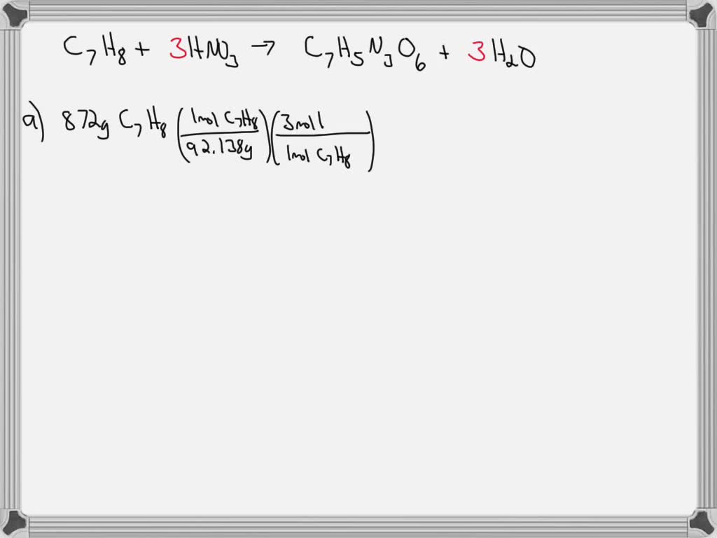 SOLVED: Toluene (C7H8) and nitric acid (HNO3) are used in the ...