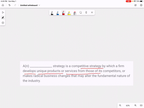 an-_______________-strategy-is-a-competitive-strategy-by-which-a-firm-develops-unique-products-or-services-from-those-of-its-competitors-or-makes-radical-business-changes-that-may-alter-the-02622