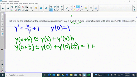 let-yx-be-the-solution-of-the-initial-value-problem-y-xy-1-y0-1-use-eulers-method-with-step-size-12-to-estimate-y1